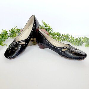 Pikolinos Black Leather Embroidered Low Heel Wedge Sandals Size 7.5